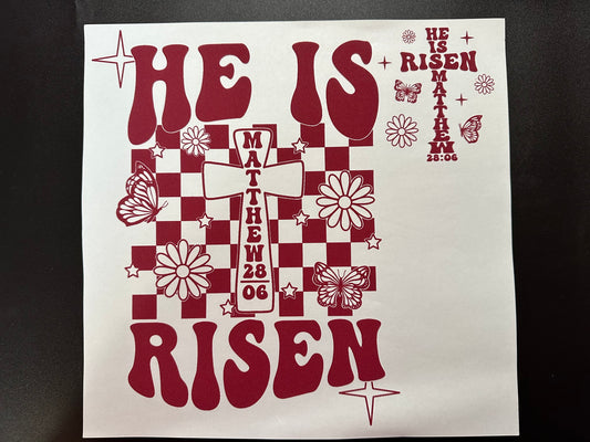 He Is Risen burgundy (front and back)