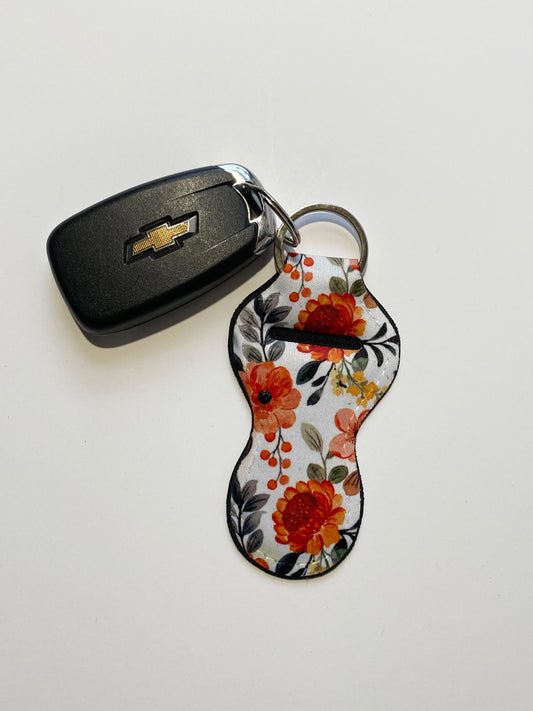 Fall Orange Floral Chapstick Holder Keychain